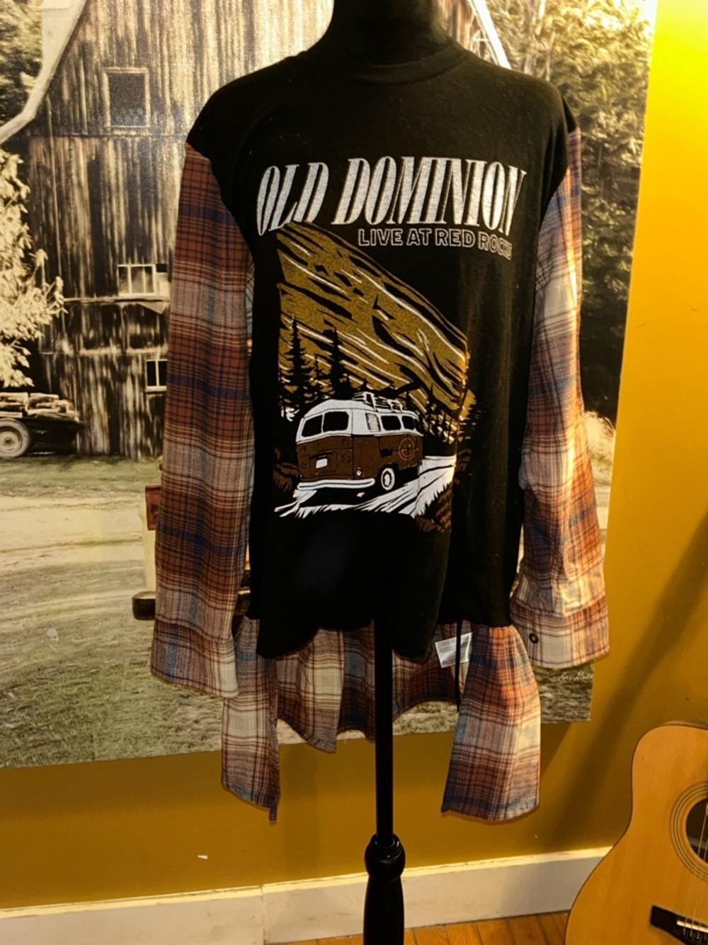 Upcycled old dominion Black Graphic Long-Sleeve Flannel Patch Shirt